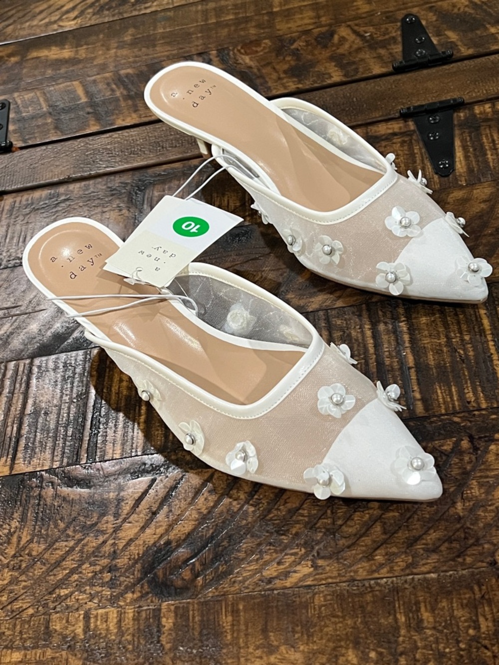 White  pearl Floral Mesh Pointed-Toe Mules by a new day